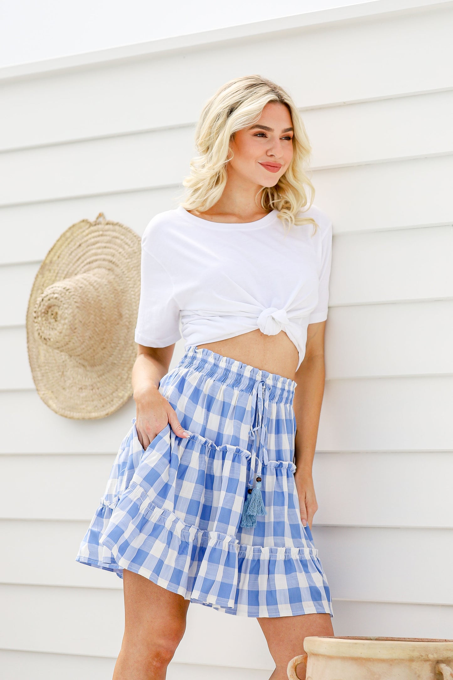 light blue and white gingham mini skirt