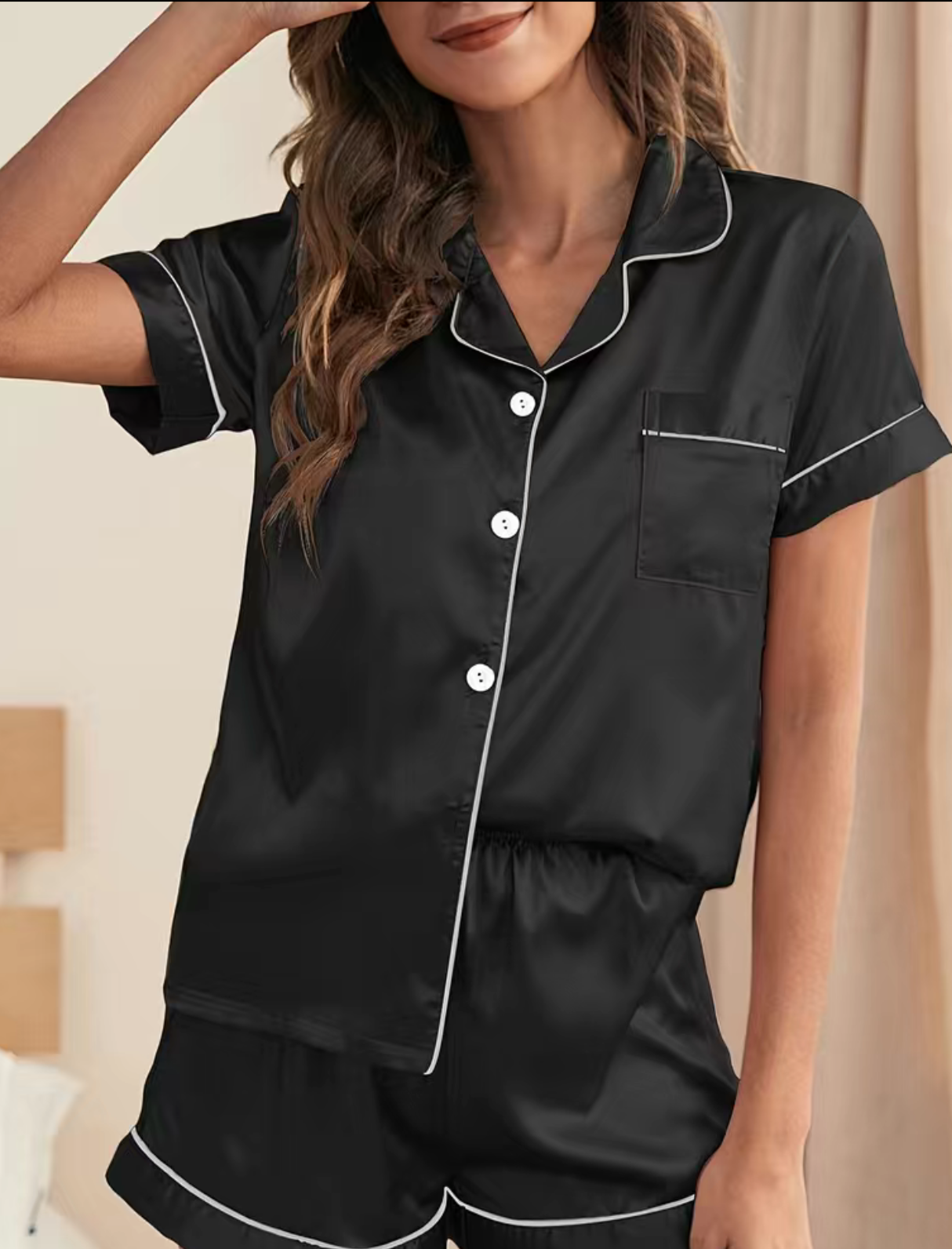 silky short sleeve pyjama set in black