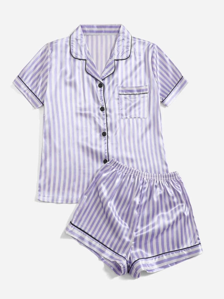 silky short sleeve pyjama set in lilac and white striped pattern print