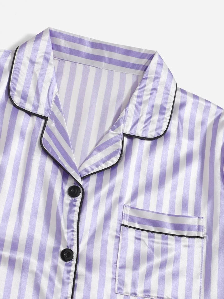 silky short sleeve pyjama set in lilac and white striped pattern print