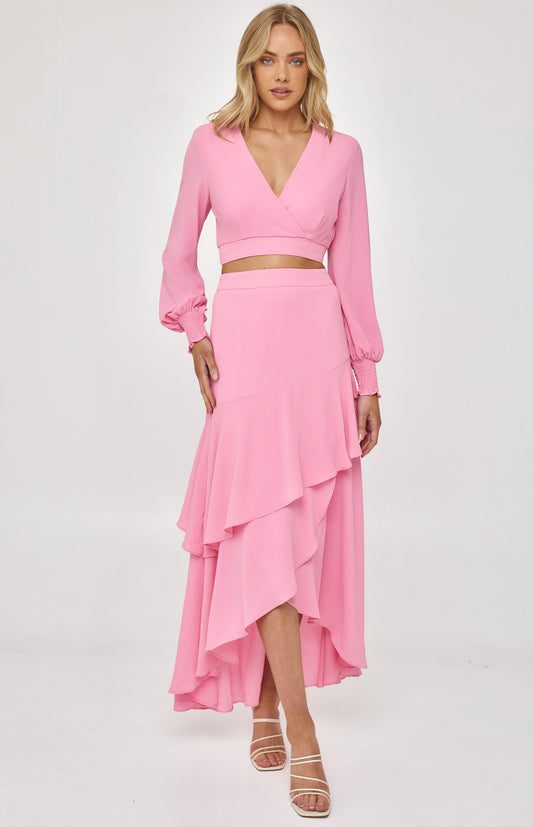 pink outfit set featuring cropped top and maxi skirt