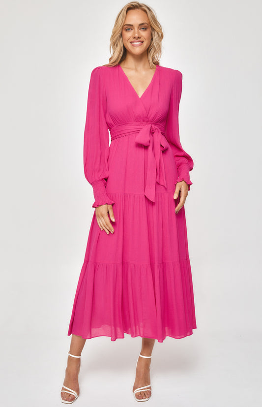 hot pink long sleeve midi maxi length dress with removable tie up waist belt gorgeous dress for any event