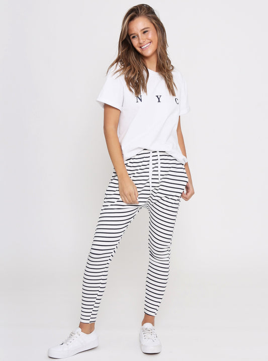 Stripe patterned monochrome jogger pant super comfy and stretchy with tie waist and drop crotch