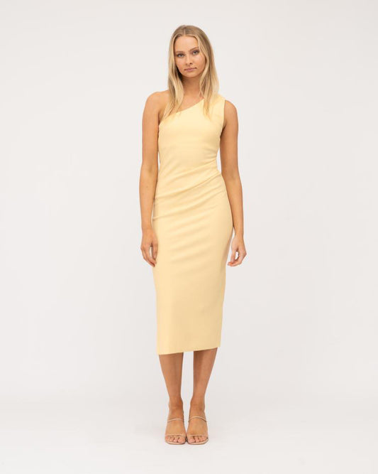 lemon yellow coloured pastel one shoulder dress with gathered sides for a flattering silhouette 